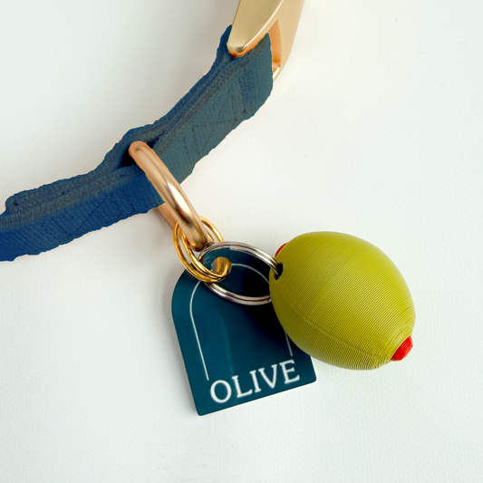 Dog toy with a green ball and 'OLIVE' tag attached to a blue strap on a white background